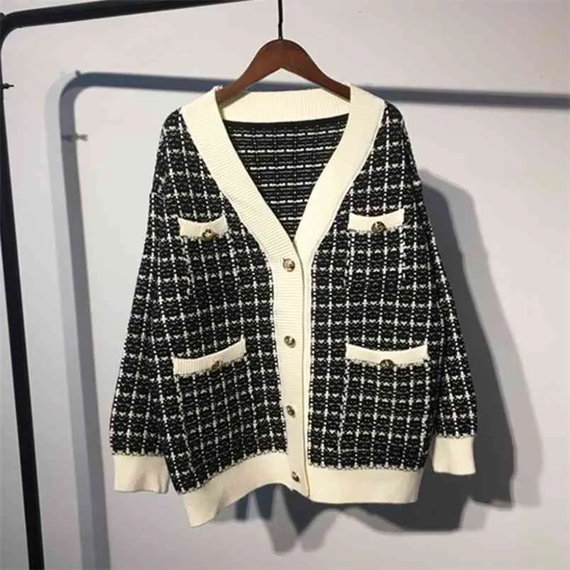 Haute qualité automne hiver Vintage femmes pull Cardigan coréen lâche Plaid pulls surdimensionné tricoté Pull veste manteau 210514