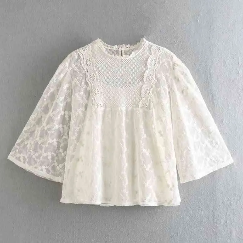 Printemps Femmes Broderie Dentelle Épissage Blouse O Cou Smock Femelle Manches Bouffantes Chemise Bureau Dame Lâche Tops Blusas S8502 210430