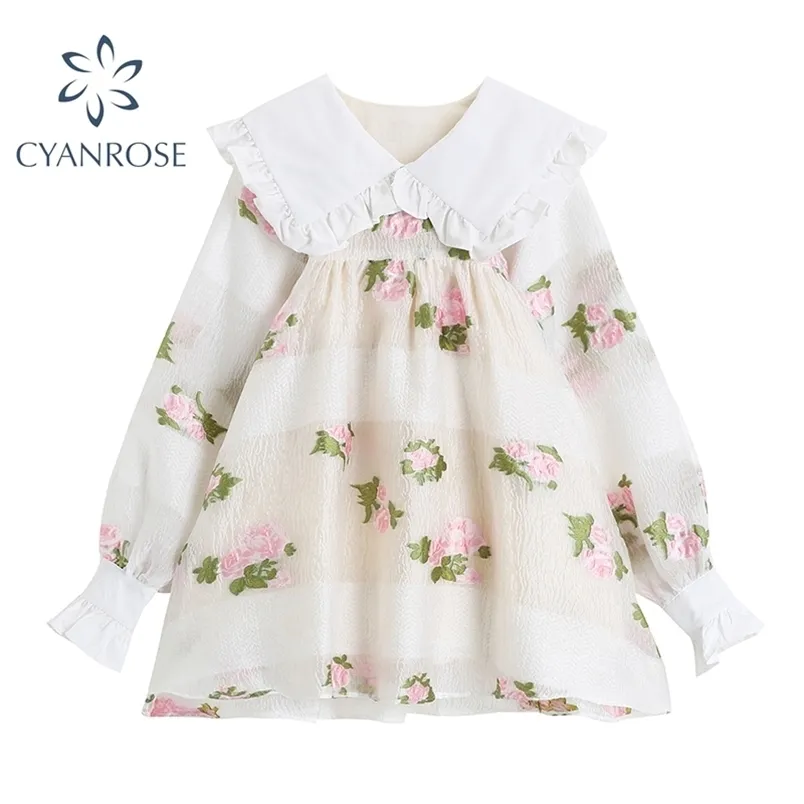 Sommar söt lolita gröda klänning kvinnor peter pan krage preppy stil söt mini klänningar lös blommig print retro vestidos tjej 210515