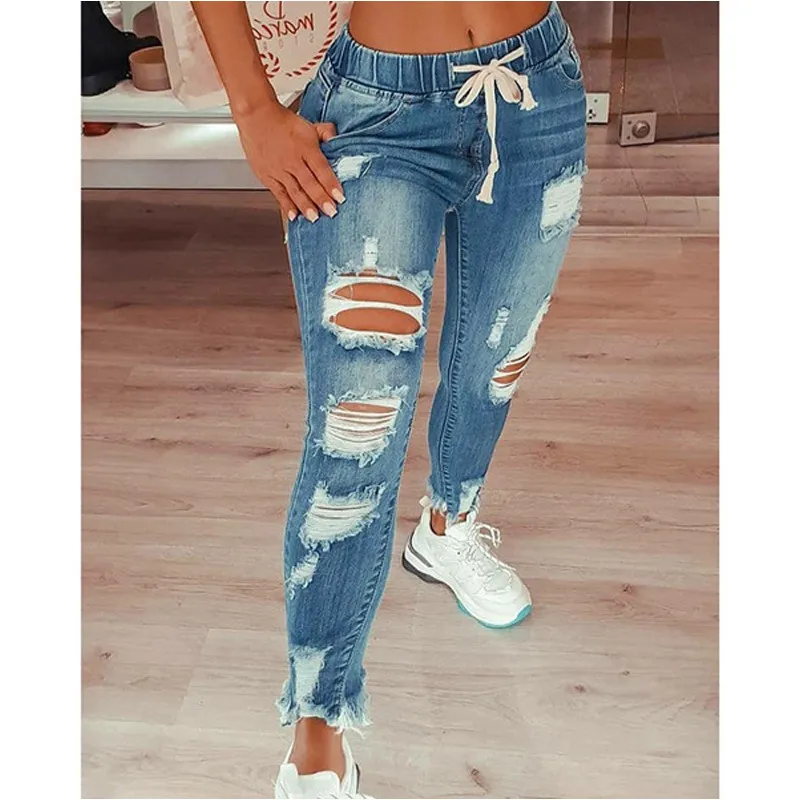 2021 Drawstring Denim Jeans voor Dames Gescheurde gat Stretch Jean Dames Plus Size volledige lengte Potloodbroek