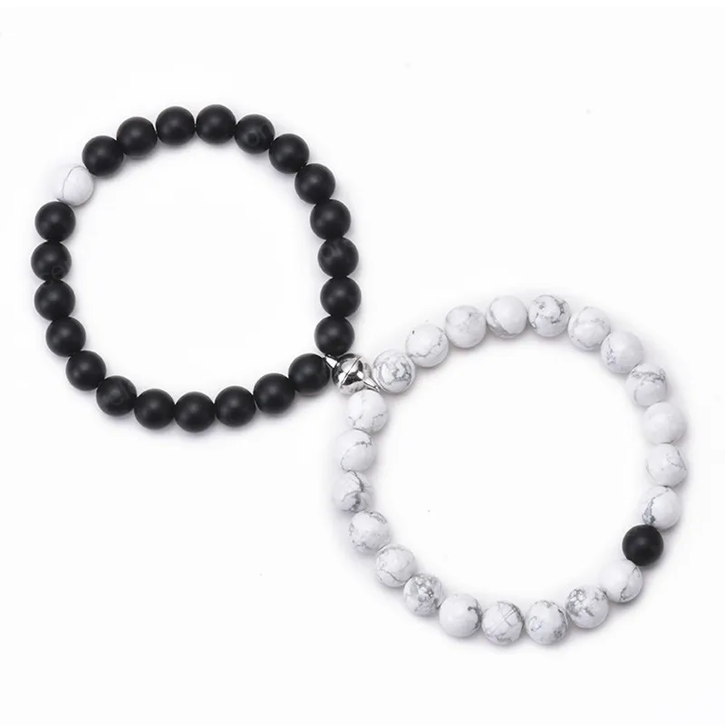 Zwarte Matte Bead Armbanden Wit Holite Strands Armband Voor Liefhebbers Afstand Magneet Paar Armbanden Vriendschap Sieraden