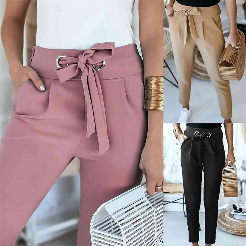Англия стиль женщины осень твердого цвета карандаш брюки брюки повязка дизайн карманный декор высокой талии тонкие бедра брюки для улицы 210915