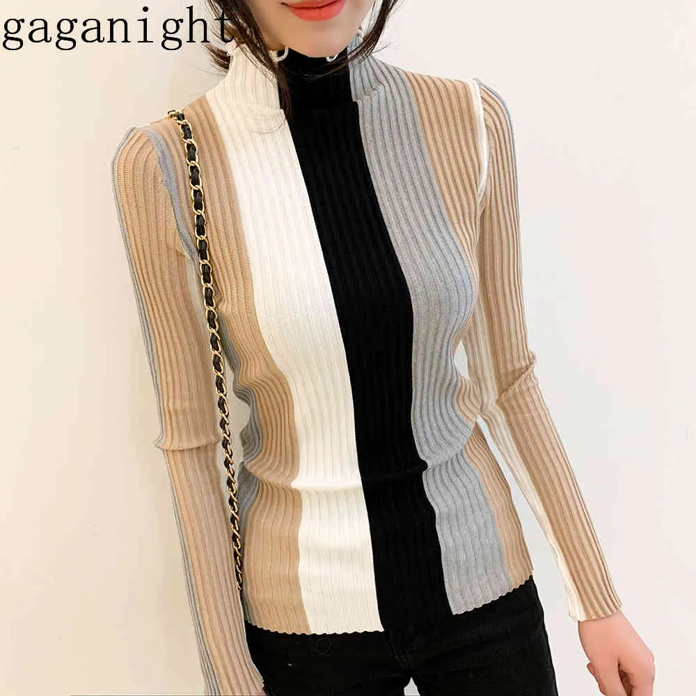 Gaganight Casual Striped Kvinnor Tröja Bodycon Långärmad Turtle Neck Pullover Stickad Patchwork Retro Koreanska Jumper 210519