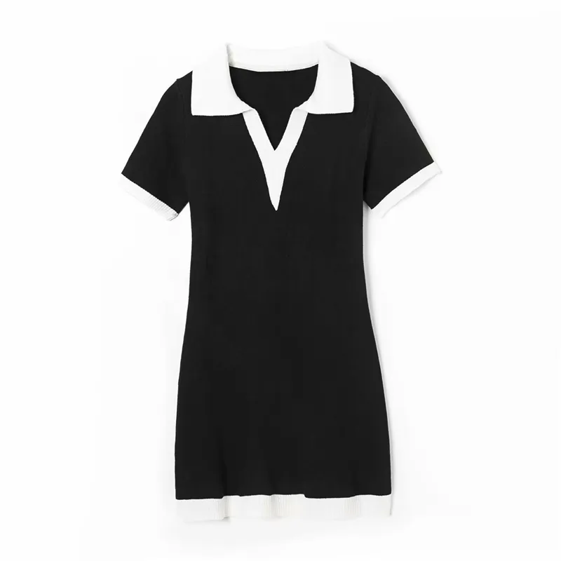 Elegant Women Turn Down Collar Mini Abiti Fashion Ladies Patchwork Dress Abito a maglia Dolce Femmina Chic Striped Slim Vestidos 210427