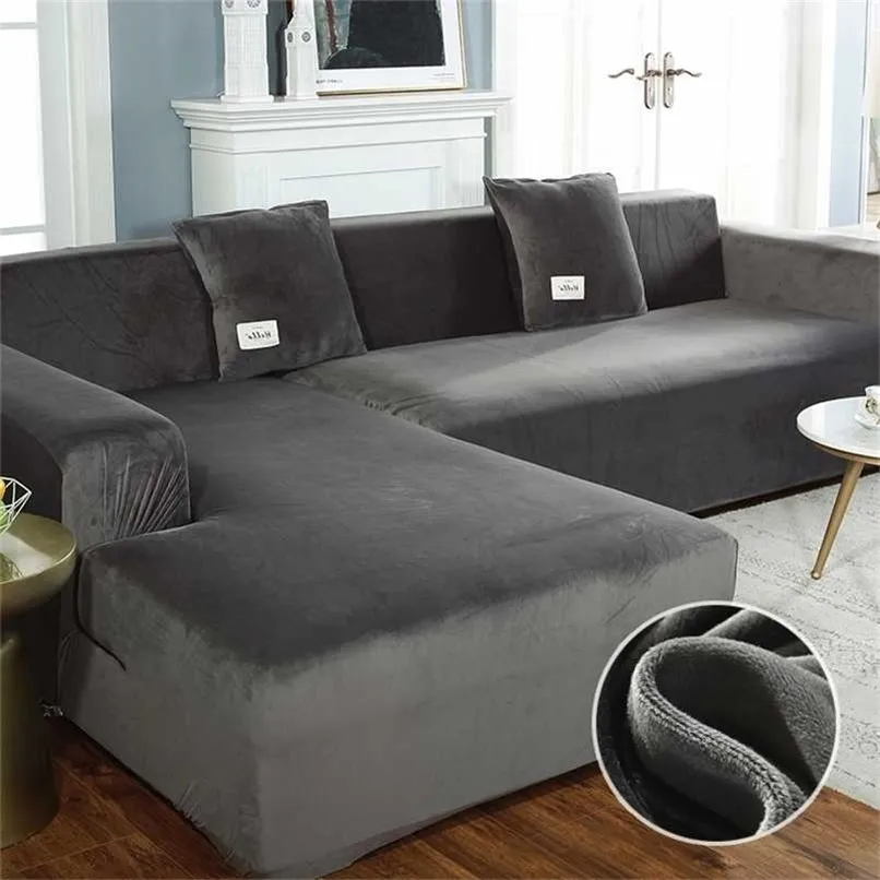 Fluwelen stof pluche sofa cover stretch effen kleur dikke slipcover s voor woonkamer huisdieren stoel kussen 211116