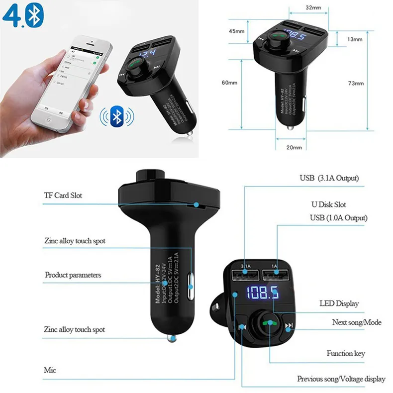 HY-82 3.1A Dual USB Port Handsfree Car Charger Bluetooth FM Transmitter With LED Screen Support SD Card U Disk