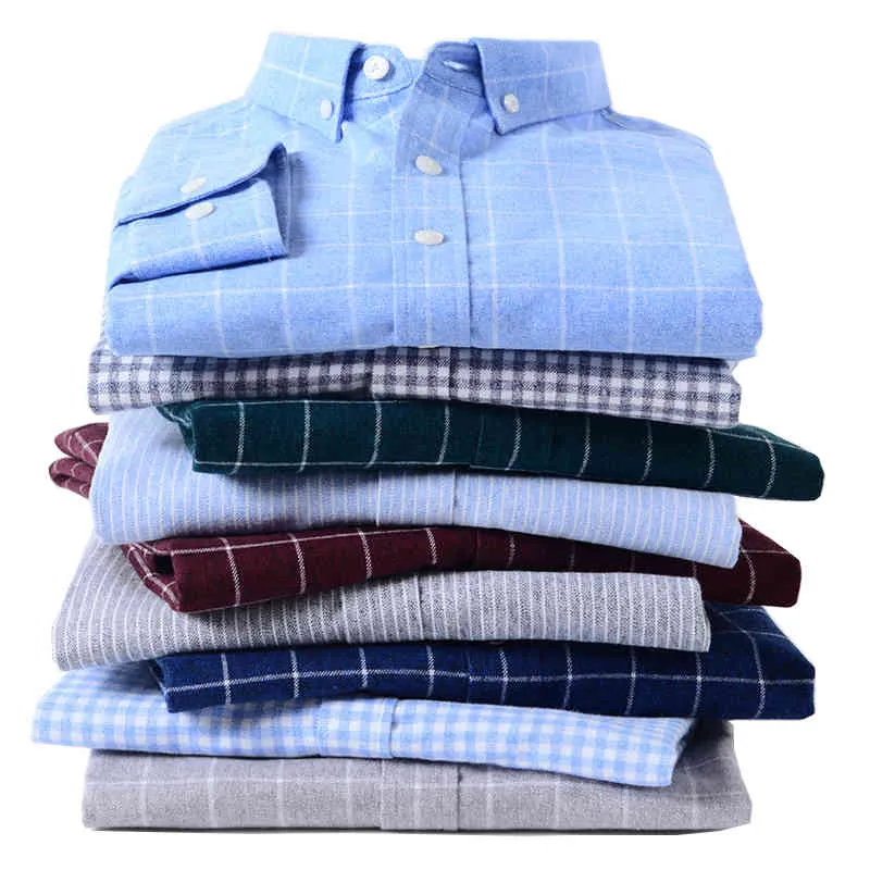 Camicia casual da uomo scozzese in puro cotone a maniche lunghe, tessuto morbido e spesso, vestibilità regolare, elegante camicetta alla moda di alta qualità 210410