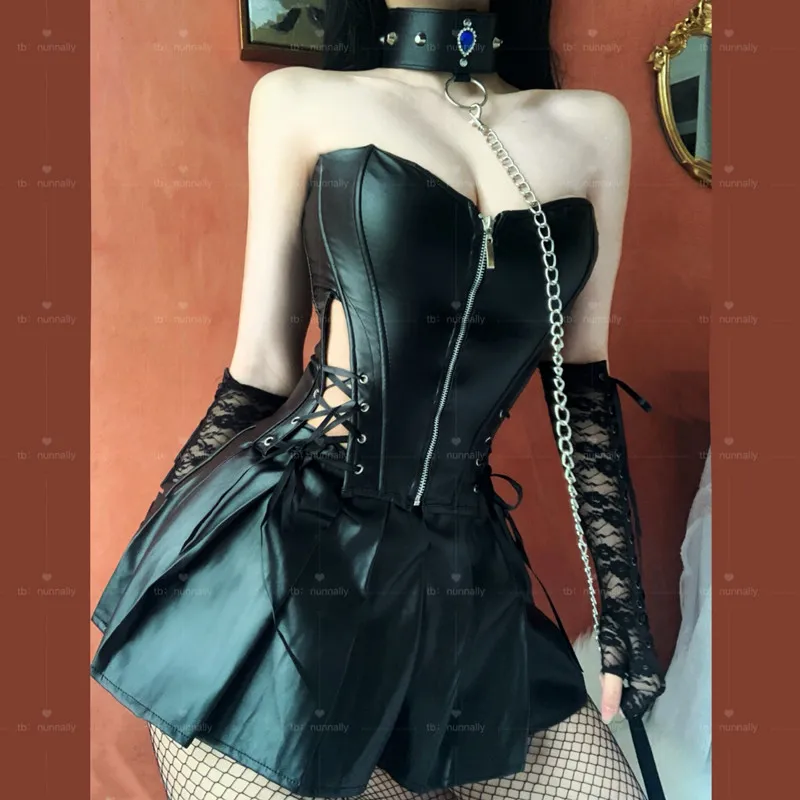 Zip Up Women Corsets Bustiers Sexy Dress Bustier Lingerie Faux Leather Corset Top مع تنورة صغيرة 8209