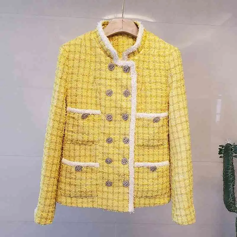 Vintage Tweed Jaune Veste Manteau Automne Hiver Femmes Élégant Diamants À Double Boutonnage À Manches Longues À Carreaux En Laine Poche Pardessus 210416