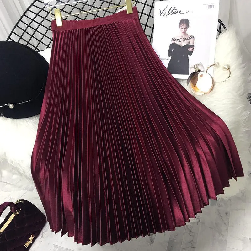 Early Spring Womens Metallic Pleated Skirts Wavy Edge High Waist