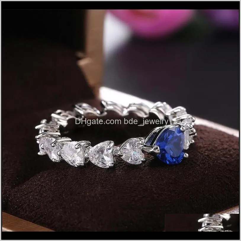 new arrival top sell luxury jewelry 925 sterling silver pear heart shape blue sapphire cz diamond popular party women wedding band ring