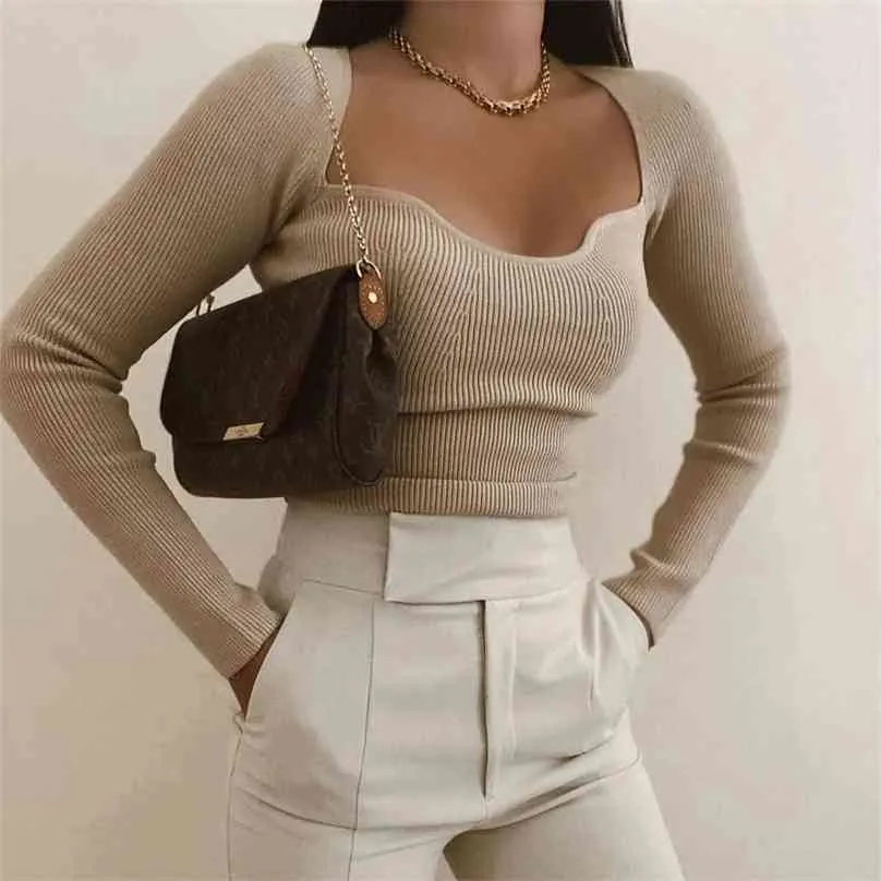 Frauen Strickpullover Top Langarm Herz-Ausschnitt Lässige Mode Frau Slim-Fit Eng gestrickte Pullover Pullover Tops 210918