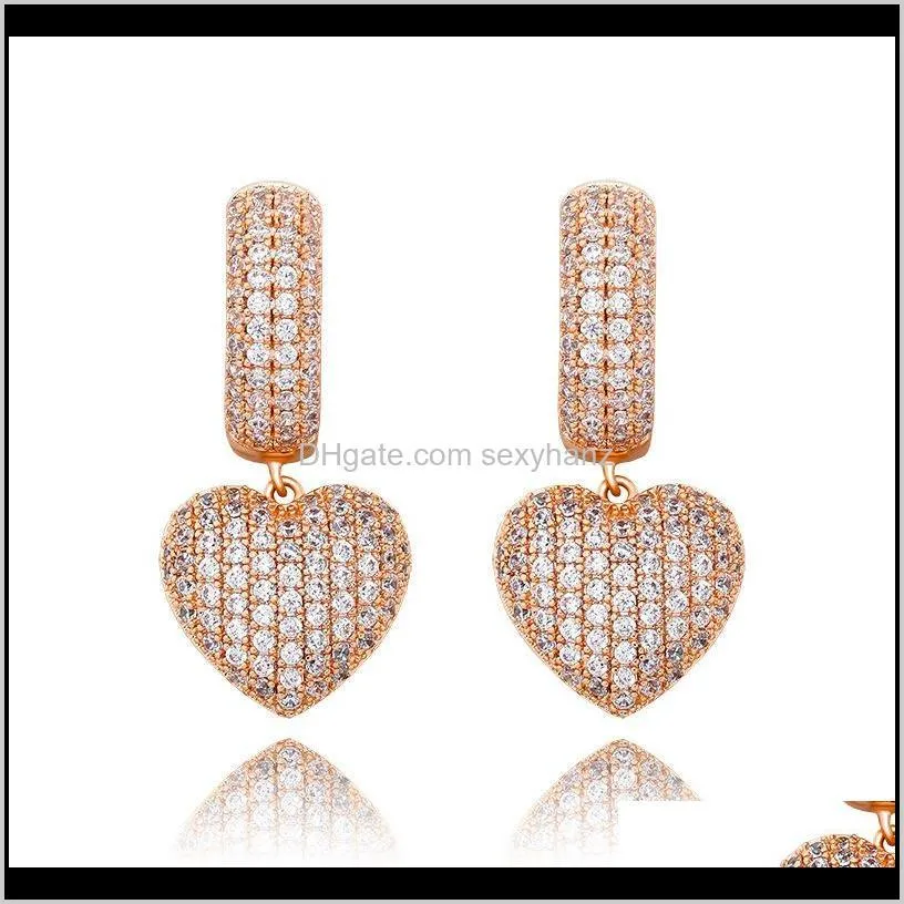 romantic copper 18k gold plated full zircon heart clip earrings small crystal heart dangle earrings for women