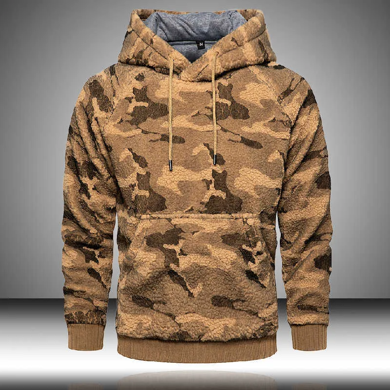 Tjocka män Hoodie Pullover Vinter Fleece Fashion Sweatshirt Varm fluffig Solid Coat Camo Teddy Coat för Mens Sportwear Hoodies 210603