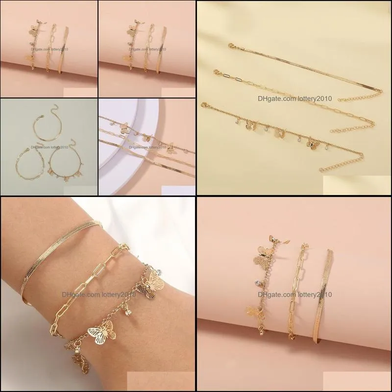 Link, Chain Minimalist Metal Bracelets Set For Women Boho Simple Gold Color Butterfly Pendant Charm Bangles Fashion Jewelry