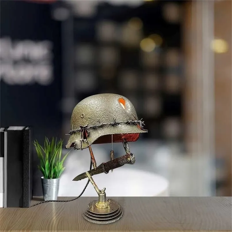 1pc War Relics Lamps Lamp Made Of Helmet And Bayonet Resin Ornaments Home Living Room Desktop Decoration Arts Crafts 211108