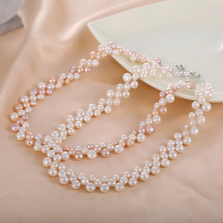 OGHUER Wysokiej jakości styl naszyjnik słodkowodny moda okrągła perła trzy rzędy naszyjników łańcuchowych
