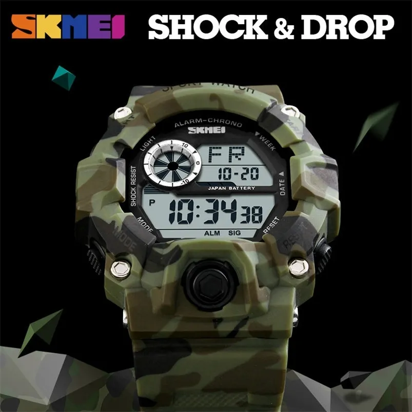 SKMEI Reloj deportivo al aire libre Hombres Reloj despertador 5Bar Relojes militares impermeables Pantalla LED Reloj digital de choque Reloj Hombre 210804