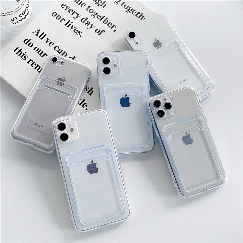 Crystal Soft TPU Phone Cases With Card Slot For iPhone 14 Plus 13 Pro Max Mini 12 11 XR 8 Camera Protection Cover