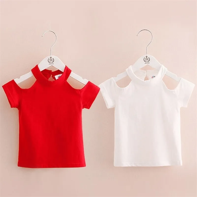 Kids Tops Strapless Summer 2-10 jaar Kinderkleding Strand Rood Wit O-hals Katoen Korte Mouw T-shirt voor Baby Meisjes 210701