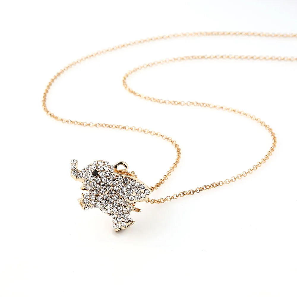 S2128 Fashion Jewelry Rhinstone Elephant Pendant Necklace Sweater Necklaces