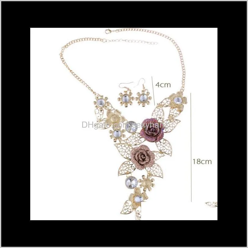 high-end crystal exaggerated jewelry retro flower jewelry set auger alloy hollow out brief necklace