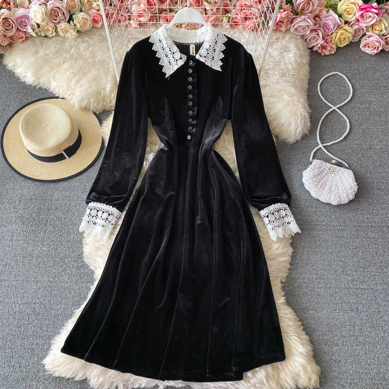 LY VAREY LIN printemps automne femmes noir simple boutonnage à manches longues robe col Vintage dentelle Patchwork velours 210526