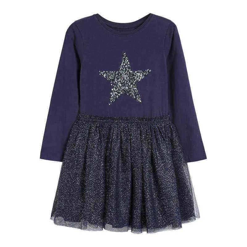 AOSTA BETTY Herbst Langarm Kleid Nette Mädchen Net-garn Pailletten Herz Rundhals Baumwolle Kinder Casual Tiefblauen Kleider 2-7y G1215