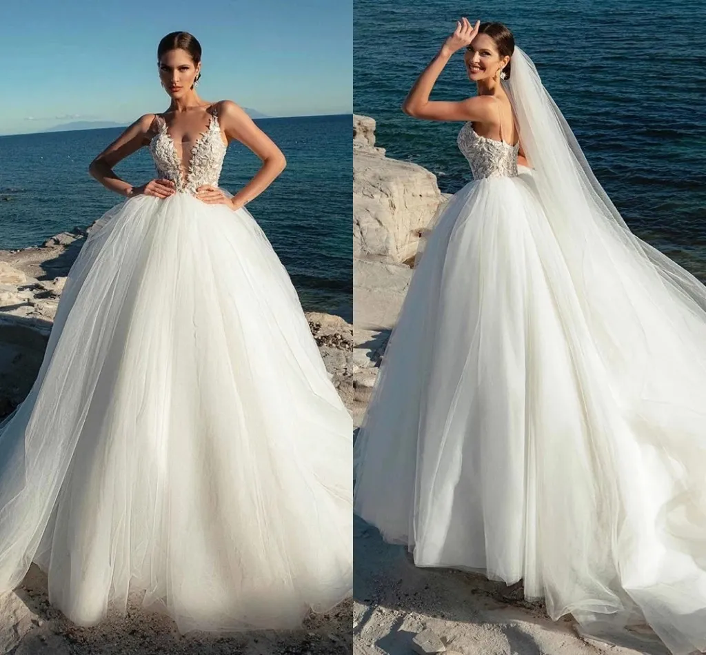 Ballkleid-Hochzeitskleider, Strand, Boho, Spitze, applizierte Träger, moderne Prinzessin, Brautroben de Mari￩e, bauschiger Tüll, Hofschleppe, sexy rückenfreie Brautkleider, modisch, AL9890