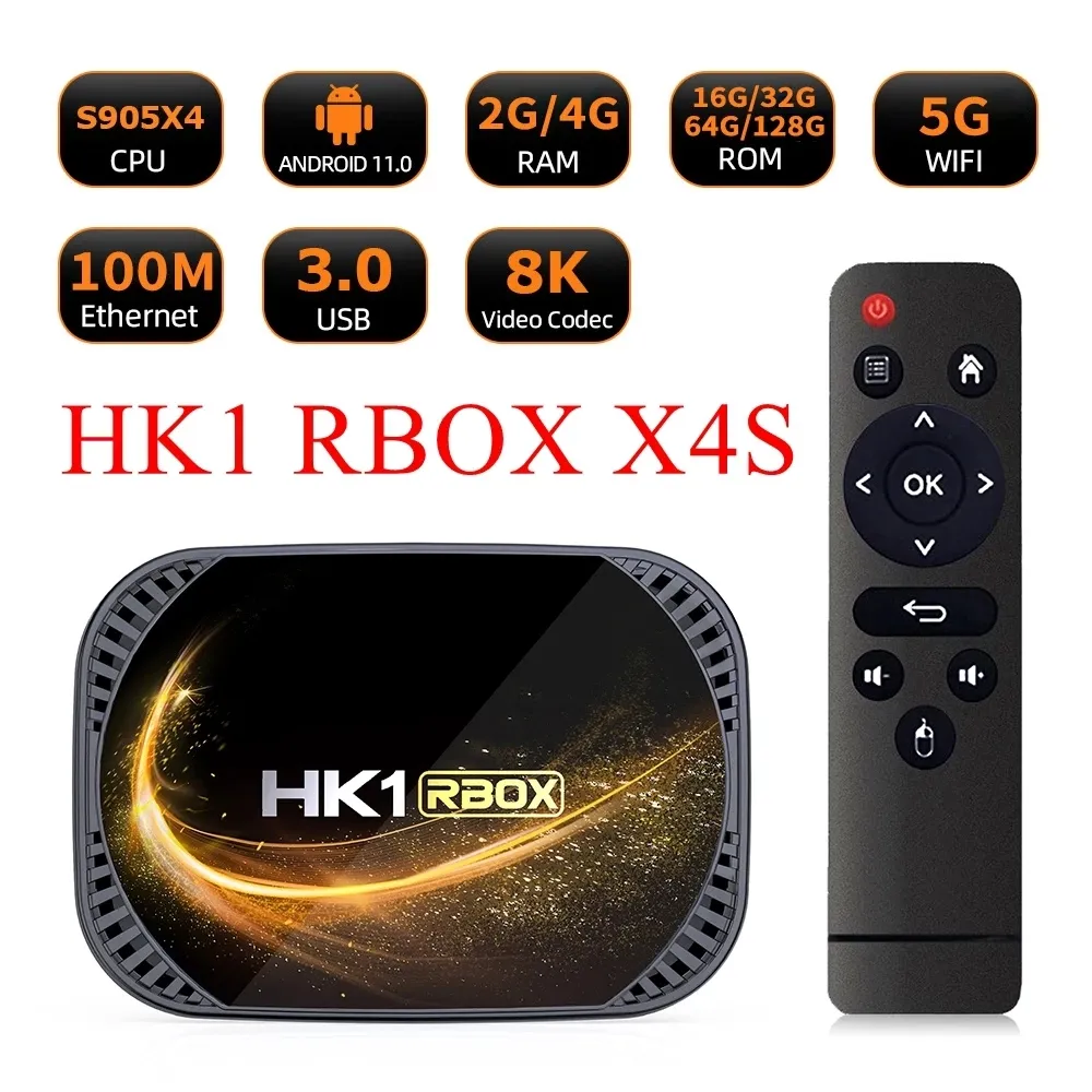 Smart TV Box HK1 RBOX X4S Android 11,0 Amlogic S905x4 4 GB RAM 32GB / 64 GB / 128GB 2.4G5G WIFI 100M LAN YOUTUBE 8K SET TOP TOP