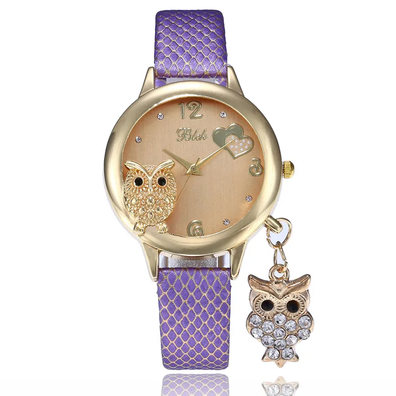 Fashion Lovely Owl Pendant serpentine Leather Watches Wholesale Women Ladies Female Dress Casual Leisure Love Heart Wristwatches Clock
