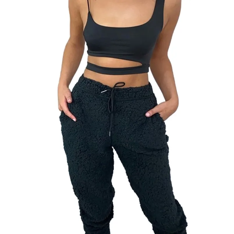여성 발목 길이 잠옷 바지 솔리드 컬러 포켓 장식 Drawstring 자연 허리 양털 따뜻한 210522