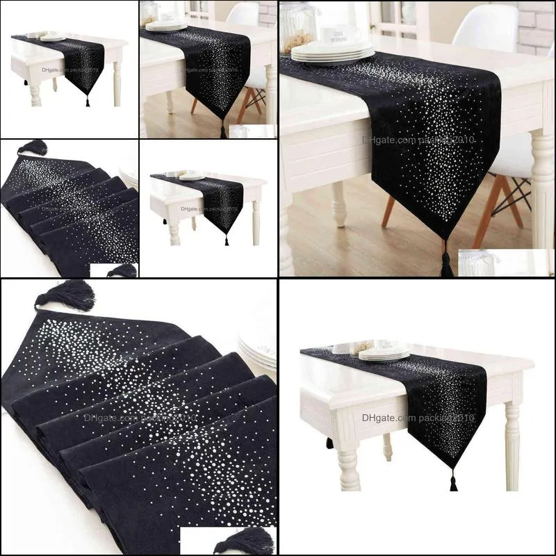 Pure black table runner with diamond down with bling Modern Table Runner Ironing Diamond 2 Layers Runner Table Cloth diamond 220107