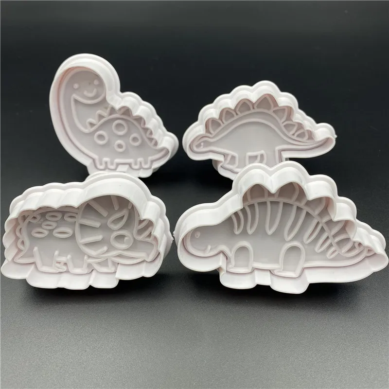 4PCS/セット恐竜プラスチック装飾ビスケット金型DIYキッチンケーキデコレーションツールクッキーカッタースタンプフォンダンエンボッサーダイ