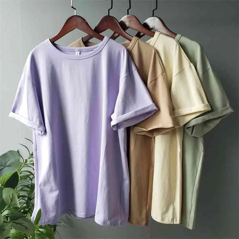 summer t-shirts harajuku oversized womens solid color 95% cotton korean fashion girls tees 210421