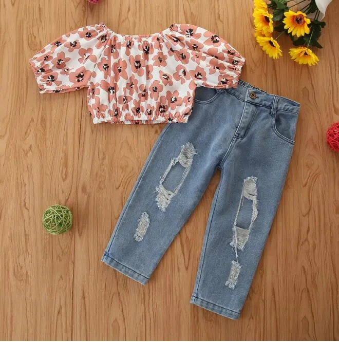 Summer 2021 Girls Off Shoulder Floral Top And Ripped Denim Jeans Set From Fashionchildren88 21.01 DHgate.Com