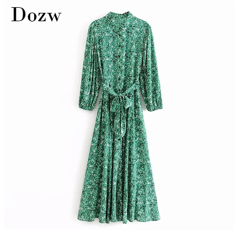 Mulheres Vintage Vestidos Long Maxi Vestidos Floral Lanterna Lanterna Camisa Solte Senhoras Senhoras Casuais Sashes Robe 210515