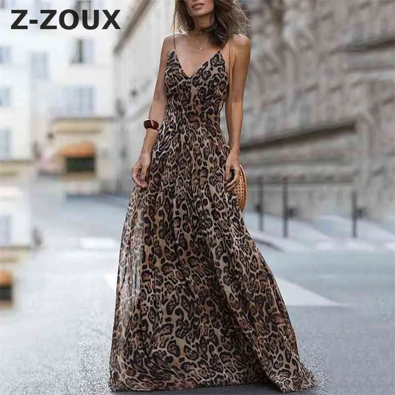Mulheres vestido leopardo impressão maxi es v pescoço sem mangas sem costas sexy elegante cintura alta verão es 210513