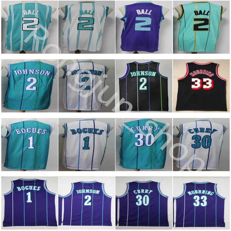 Mens #2 Lamelo Ball Basketball Jersey Retro Vintage 1 Tyrone Bogues 2 Larry Johnson Alonzo 33 Mourning Purple White Green Black