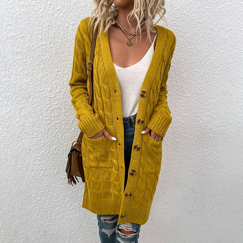 2021 Women Knitted Cardigan Sweater Autumn Winter V-Neck Button Long Sleeve Sweaters Coat Casual Pockets Solid Knitwear Coat