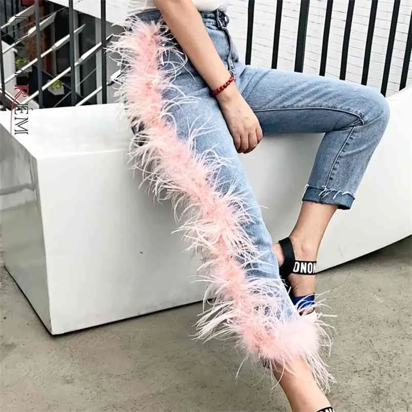 LANMREM Fashion Women High Waist Broken Tassels Fur Patchwork Washted Jeans Female Pants WH61705L Street 210809