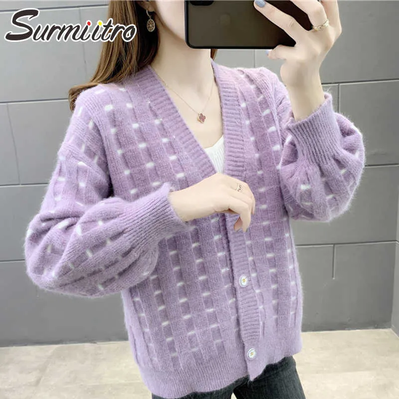 SURMIITRO Herbst Winter Süße Strickjacke Frauen Lila Gestreifte Strickwaren Langarm Pullover Weibliche Gestrickte Jacke Mantel 210712