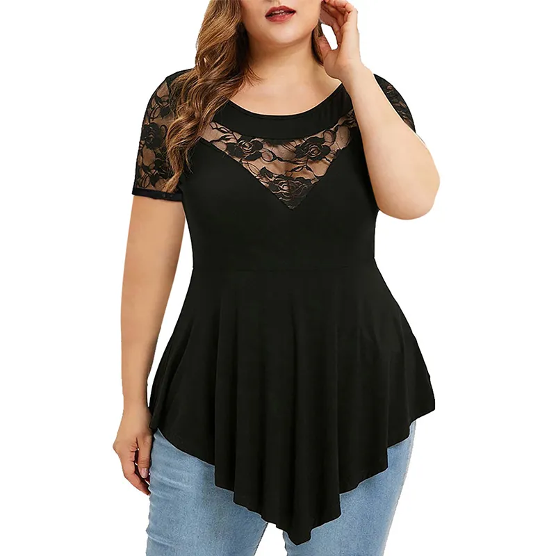 Vrouwen plus size blouses kant doorzichtige korte mouw asymmetrische zoom effen kleur tuniek sexy shirts