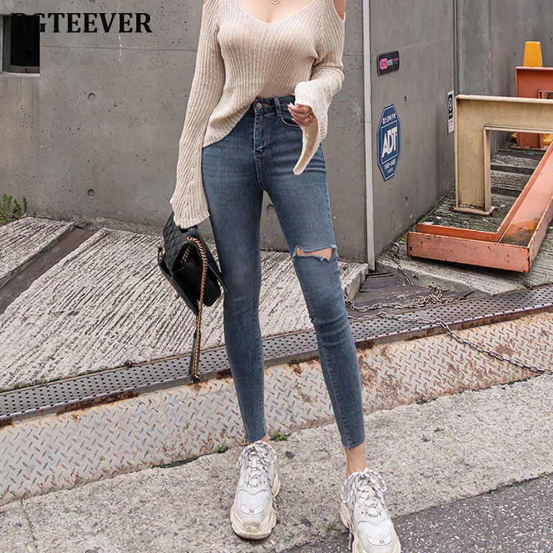 Button Fly Dames Jeans Hoge Taille Denim Broek Vrouwen Hoge Elastische Skinny Broek Ripped Gat Retchy Women Broek H0908