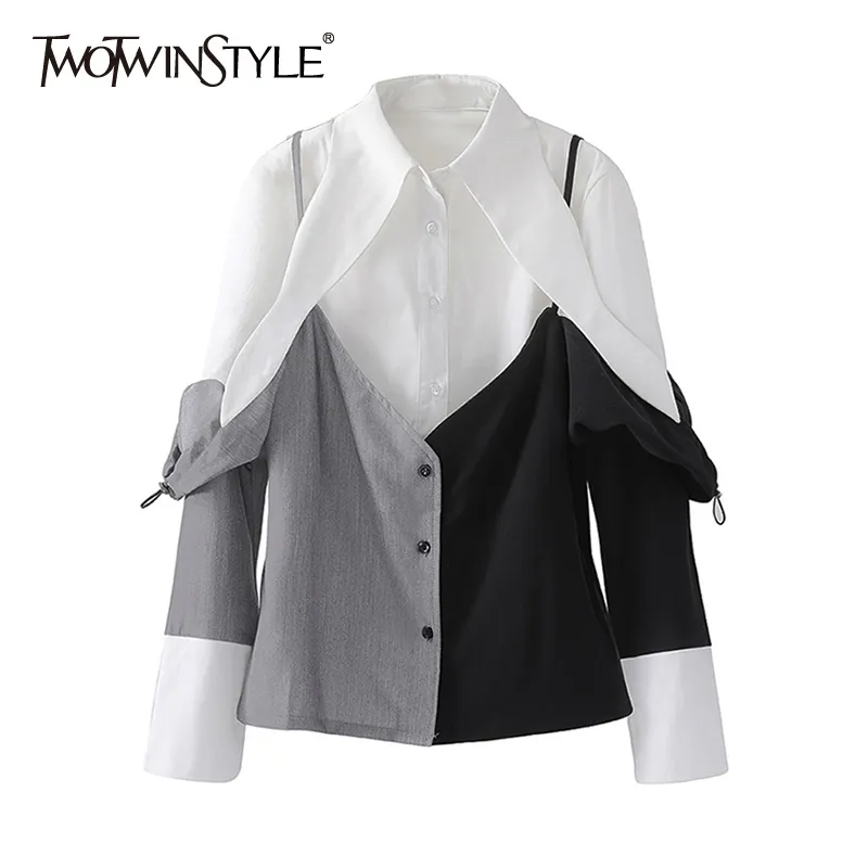 TWOTWINSYTLE Hit Color Patchwork Blouse For Female Lapel Long Sleeve Casual Korean Shirt Women Clothing Fashion 210517