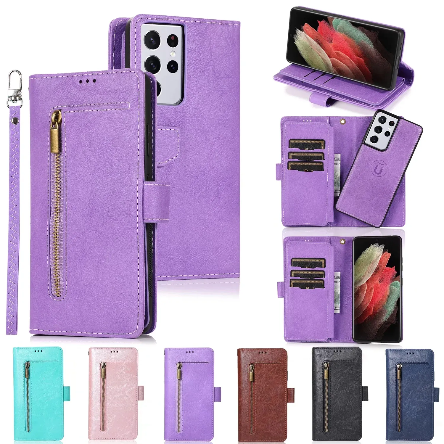 Wallet telefoonhoesjes voor Samsung Galaxy S22 S21 S20 Note20 Ultra Note10 plus 2in1 Retro Multifunction PU lederen Flip -standaardkap met rits muntmunten met ritssluiting