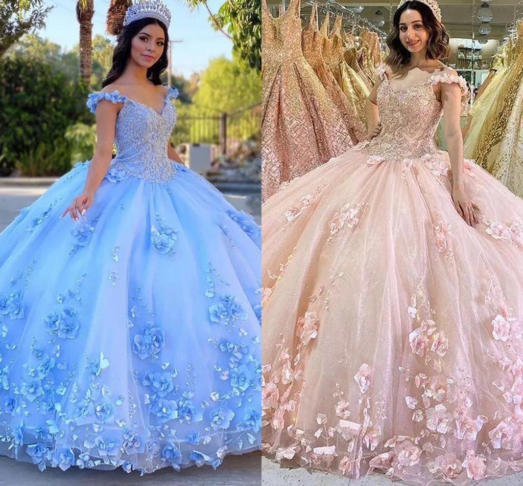 2022 Butterfly 3D Flores Quinceanera Vestidos off Ombro Bola Vestidos Puffy Crystal Pérolas Pérolas Prom Sweet 15 16 Dress Womens