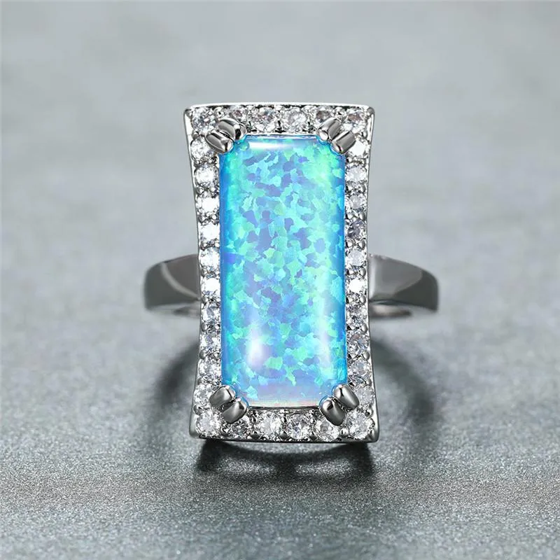 Eheringe Vintage Silber Farbe Ring Große Rechteck Stein Verlobung Niedliche Weibliche Weiß Blau Feueropal Für Frauen Schmuck