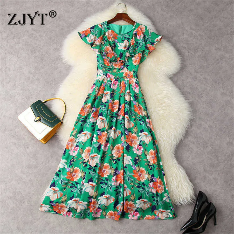 Women's Fashion Butterfly Sleeves Floral Print Midi Chiffon Dress for Summer Casual Bohemian Holiday Robe Femme Green Vestidos 210601