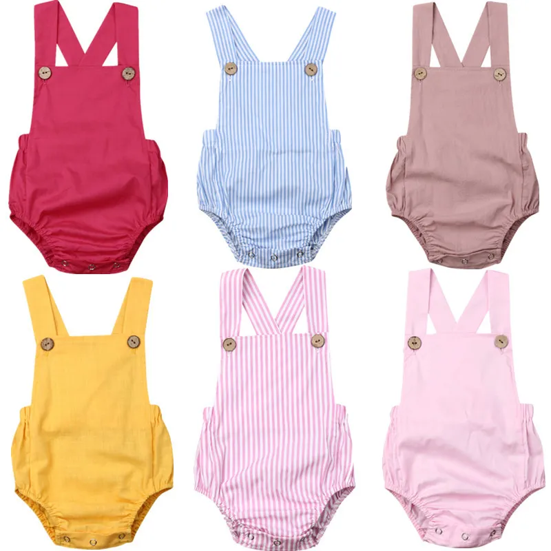 Baby sommar romer kläder nyfödda toddle barn solida tjejer pojke bomull bodysuits rompers enstycken suspender kläder kläder bb064